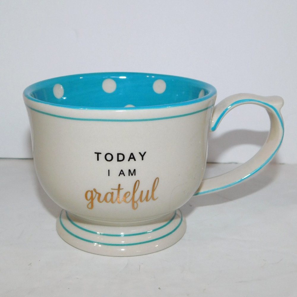 Today i Am Grateful White Blue Polka Dot pedestal Coffee Tea mug